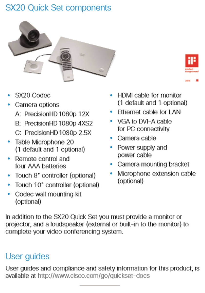 Cisco CTS-SX20-PHD4X-K9 Telepresence SX20 Quick Set w/ HD 1080p 4x