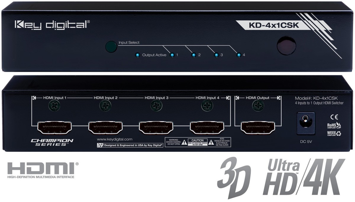 Key Digital KD4x1CSK 4X1 HDMI Switcher, Supports UHD/4K & HDCP 2.2
