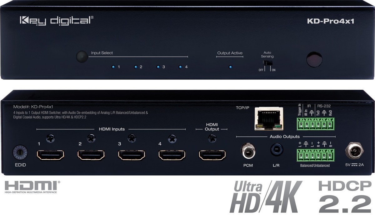 Key Digital KDPro4x1 4X1 HDMI Switcher, Ultra HD/4K & HDCP2.2, Audio