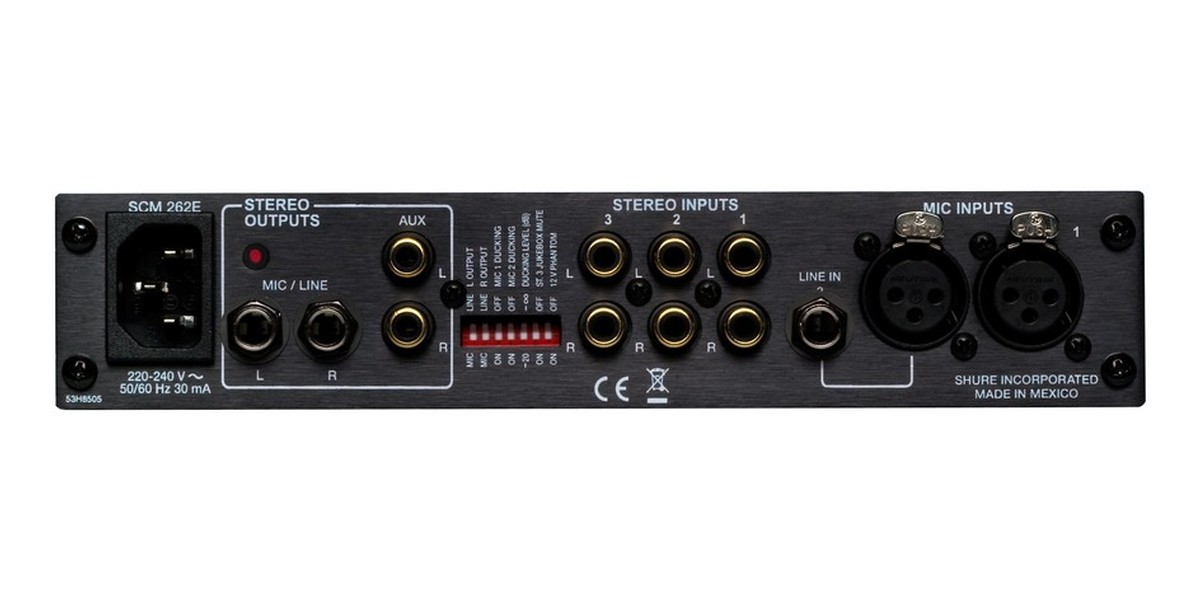 Shure SCM262 Stereo Microphone Mixer, XLR Inputs MultiFunction DIP